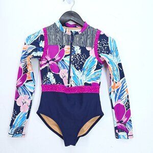 Athleta Blue Floral Long Sleeve One Piece Rashguard Girls Size Large